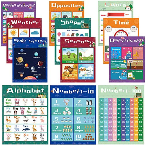 Educational Preschool Learning Posters for Toddlers, Kids Posters for Nursery Homeschool Kindergarten, Numbers Alphabet Colors Poster, Teaching Supplies for Pre-K Classroom Wall [12 Pack, 11x14 Inch]