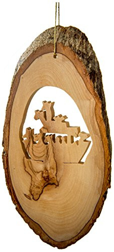 EARTHWOOD FINE WOOD PRODUCTS C-15 Olive Wood Bark Slice with Noah's Ark Ornament, Brown