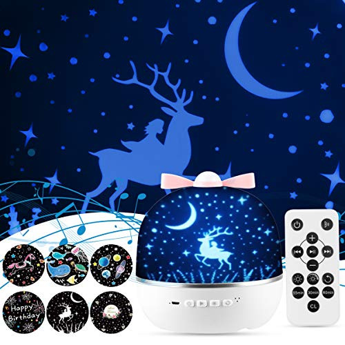 FancyWhoop Starry Projector Night Light 360° Rotatable Sky Projection Lamp with Bluetooth Star Projector with 6 Films Rotation Projector Light with Remote Control for Babies Kids and Girls (White)