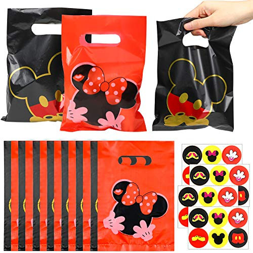 MALLMALL6 60Pcs Mickey and Minnie Party Bags Party Favors Bag Candy Treat Bags Goodie Bags Mickey Minnie Birthday Party Supplies Decorations Party Pack Plastic Loot Bag Mickey Stickers for Kids
