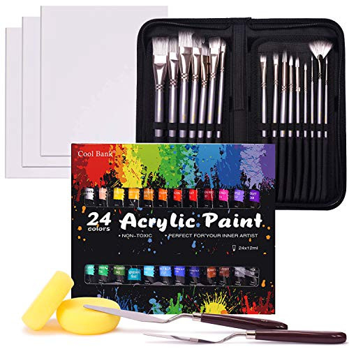 COOL BANK Acrylic Paint Set, 48 Piece Professional Painting Supplies Set, Includes 24 Acrylic Paints, 16 Painting Brushes with Case,Paint Knife,Art Sponge and Canvas, for Artists, Students and Kids