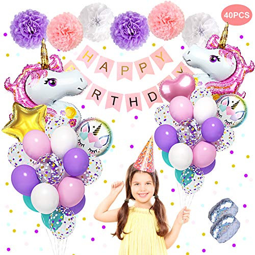 Unicorn Birthday Party Supplies, 40'' 18'' Big Foil Unicorn Balloons 12'' Confetti Purple Pink Blue Latex Balloons Set with Happy Birthday Banner Paper Pom Poms for Unicorn Party Decorations for Girls & 2 Pcs Ribbons Unicorn Birthday Party Supplies, 40'' 18'' Big Foil Unicorn Balloons 12'' Confetti Purple Pink Blue Latex Balloons Set with Happy Birthday Banner Paper Pom Poms for Unicorn Party Decorations for Girls & 2 Pcs Ribbons
