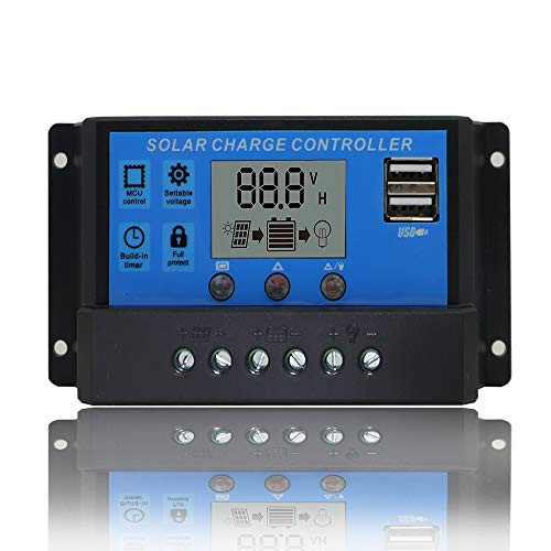UEIUA Solar Charge Controller, 12V/24V 30A PWM Solar Charge Controller Auto Switch LCD Display Solar Panel Regulator with Dual USB