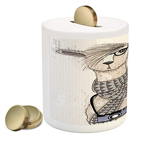 Ambesonne Animal Piggy Bank, Llama with Camera Scarf and Glasses Hipster Animal on a Dotted Beige Background, Ceramic Coin Bank Money Box for Cash Saving, 3.6" X 3.2", Ivory Charcoal Ambesonne Animal Piggy Bank, Llama with Camera Scarf and Glasses Hipster Animal on a Dotted Beige Background, Ceramic Coin Bank Money Box for Cash Saving, 3.6" X 3.2", Ivory Charcoal