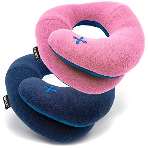 BCOZZY Chin Supporting Travel Pillow- Keeps The Head from Falling Forward- Comfortably Supports The Head, Neck and Chin in Any Sitting Position. Adult Size, Set of 2, Navy + Pink