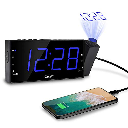 OnLyee Projection Alarm Clock with AM FM Radio | 7 LED Digital Ceiling Display, Sleep Timer | 180°Projector, Desk/Shelf Clock with Dimmer, USB Charging, AC Powered and Battery Backup for Bedroom