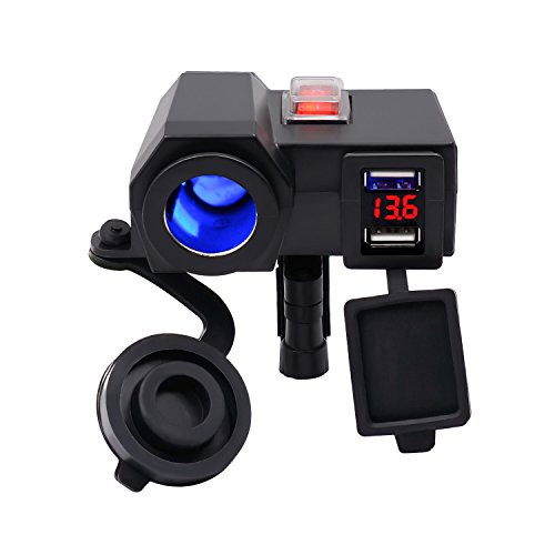 BlueFire 5V/2.1A Dual USB Charger Socket Waterproof Motorcycle Handlebar Clamp Power Adapter Charger USB Charging System with Cigarette Lighter Socket and Voltmeter for Phones/Tablets/GPS