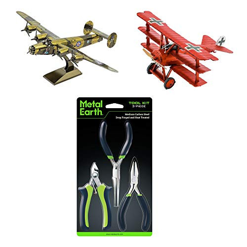 Fascinations Metal Earth 3D Metal Model Kit Bundle - Fokker Dr. I Triplane - B-24 Liberator - Tool Set
