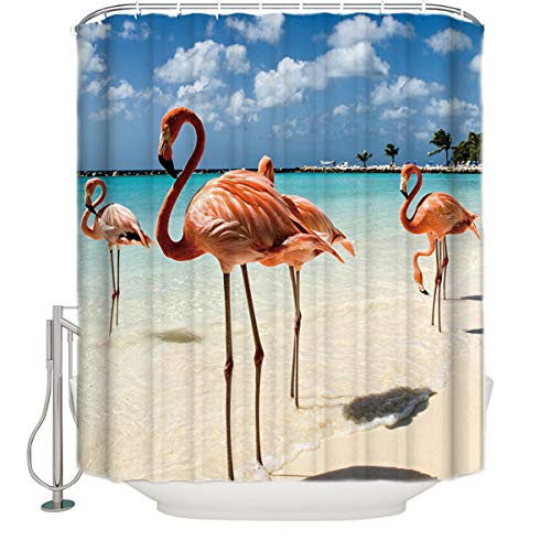 Tropical Shower Curtain Pink Flamingo Walking in The Beach Seaside Print Bathroom Decor Polyester Fabric Shower Curtains with Hooks, 72 x 72 Inch Tropical Shower Curtain Pink Flamingo Walking in The Beach Seaside Print Bathroom Decor Polyester Fabric Shower Curtains with Hooks, 72 x 72 Inch