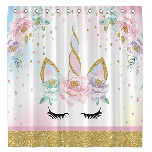 Allenjoy 72x72 Inch Cartoon Unicorn Shower Curtain for Bathroom Sets Floral Gold Glitter Home Bathtub Decors Decoration Customizable Durable Waterproof Fabric Machine Washable Curtains with 12 Hooks