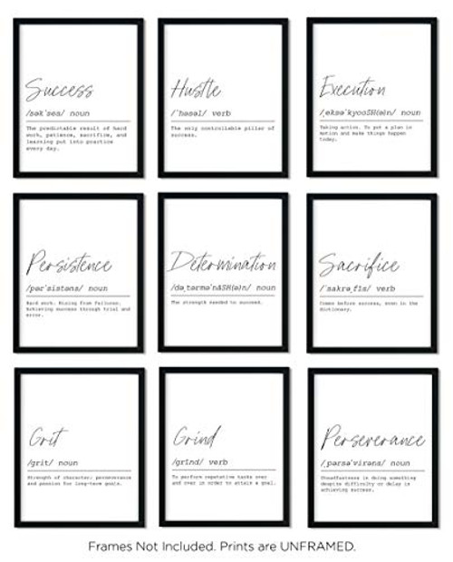 Definition Motivational Wall Art Prints | Set of Nine Prints | 8x10 Unframed | Success, Hustle, Execution, Persistence, Determination, Sacrifice, Grit, Grind, Perseverance