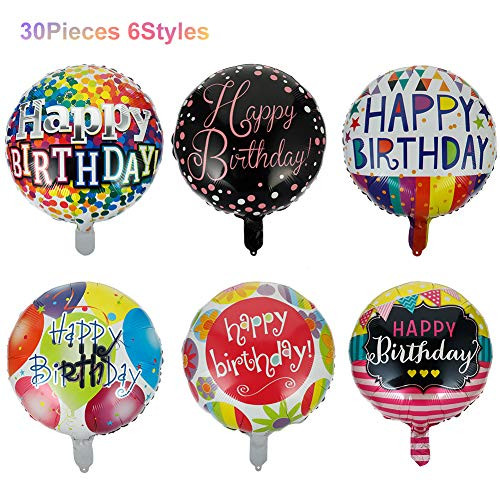 DaveandAthena 30 Pieces 18 Inch Happy Birthday Foil Balloons Round Mylar Helium Balloon Party Decorations