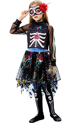 Day of Dead Costume for Kid Skeleton Costume Bones Costume Girls Children Colorful Halloween Costumes Party Pretend Role Play