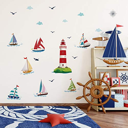 decalmile Lighthouse Sailboat Wall Decals Nautical Seagull Wall Stickers Baby Nursery Kids Bedroom Living Room Wall Decor