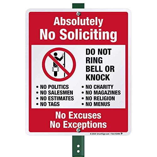 SmartSign No Soliciting Sign for Yard, Absolutely No Soliciting No Excuses No Exceptions, Do Not Ring Bell Or Knock Sign for Lawn | 12" x 10" Aluminum Sign with 3' Stake