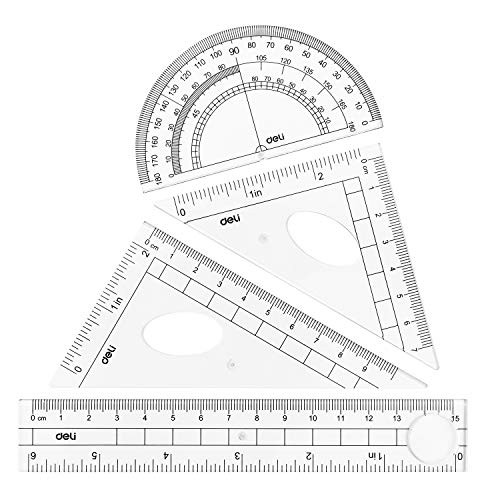 Deli 4 Pieces Math Geometry Tool Plastic Clear Ruler Sets, Includes Straight Ruler, Triangle Ruler, Protractor