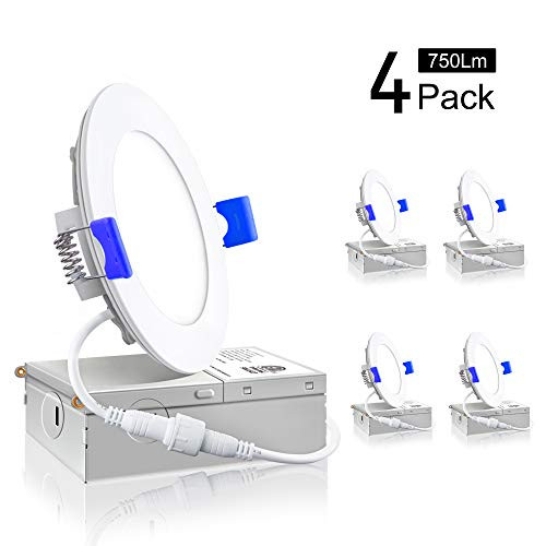 Ensenior 4 Pack 4 Inch Ultra-Thin LED Recessed Ceiling Light with Junction Box, 4000K Cool White, 9W 75W Eqv, Dimmable Can-Killer Downlight, 750LM High Brightness - ETL and Energy Star Certified Ensenior 4 Pack 4 Inch Ultra-Thin LED Recessed Ceiling Light with Junction Box, 4000K Cool White, 9W 75W Eqv, Dimmable Can-Killer Downlight, 750LM High Brightness - ETL and Energy Star Certified