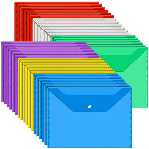 36 PCS A4 Size Plastic Envelopes Poly Envelopes, FANDAMEI 6 Colors File Envelopes with Snap Button Closure, Envelope Folder Transparent for Home School Office Document Organization