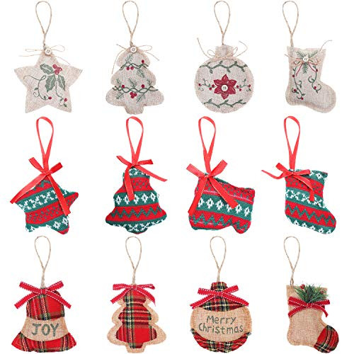 12 Pieces Rustic Christmas Tree Hanging Burlap Xmas Stocking Tree Ball Shaped Ornaments for Christmas Holiday Party Decoration