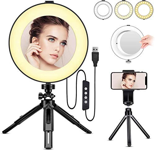 LED Ring Light 8" with Mirror Tripod Stand & Phone Holder for Live Streaming & YouTube Video, Dimmable Desk Makeup Ring Light for Photography, Shooting with 3 Light Modes & 10 Brightness Level