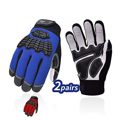 Vgo 2Pairs Age 5-6 Kids High Dexterity Premium Genuine Goat Leather Palm, Breathable Synthetic Leather Back, Heavy Duty Work Gloves, Touchscreen, Abrasion Work Gloves (Size M, Red&Blue, GA9700-KID)