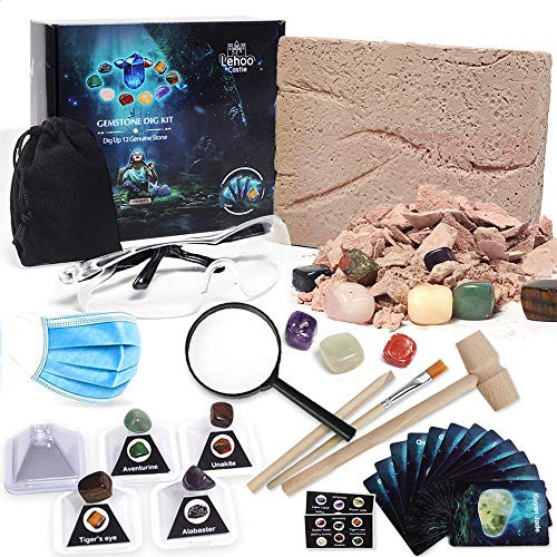 Lehoo Castle Gem Dig Kits for Kids - Dig Up 12 Real Gemstones - Gemstone Dig Kit with Goggles, Magnifier, Excavation Tools, Display Stands, Science Cards & Stickers - STEM Science Gifts for Kids