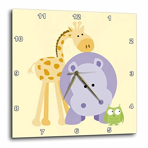 3dRose dpp_212040_3 Giraffe, Hippo and Owl Yellow Kids Room Decoration Wall Clock, 15 by 15"