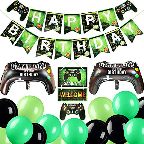 Video Game Party Supplies Include 32 Pieces Video Game Balloons 1 Piece Happy Birthday Gaming Banner and 1 Piece Game On Welcome Hanging Decor for Kids and Boys Birthday Party