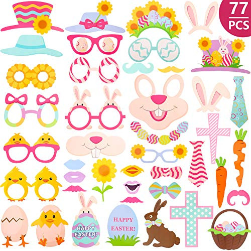 77 Pieces Easter Photo Props Bunny Eggs Rabbit Chick DIY Selfie Photo Booth Props Photography Accessories for Easter Birthday Baby Shower Party Decorations Supplies