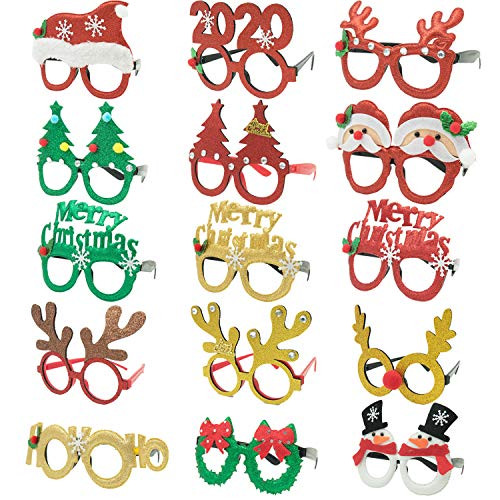 SOTOGO 15 Pieces Christmas Glitter Party Glasses Christmas Decoration Costume Eyeglasses Party Glasses Frame for Holiday Favors, Assorted Styles