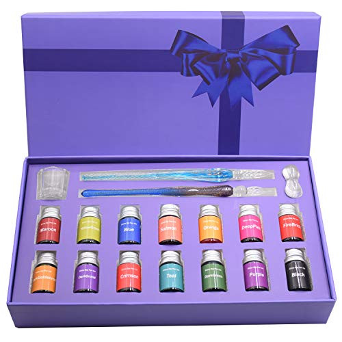 AIVN Glass Dip Pen Set - 19 Pieces of Calligraphy Pens Set. Includes 2 Glass Pens, 14 Bottle Inks, Pen Holder, Cleaning Cup and Introduction Booklet AIVN Glass Dip Pen Set - 19 Pieces of Calligraphy Pens Set. Includes 2 Glass Pens, 14 Bottle Inks, Pen Holder, Cleaning Cup and Introduction Booklet