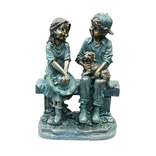 Alpine Corporation Girl and Boy Sitting on Bench with Puppy Statue - Outdoor Decor for Garden, Patio, Deck, Porch - Yard Art Decoration Alpine Corporation Girl and Boy Sitting on Bench with Puppy Statue - Outdoor Decor for Garden, Patio, Deck, Porch - Yard Art Decoration