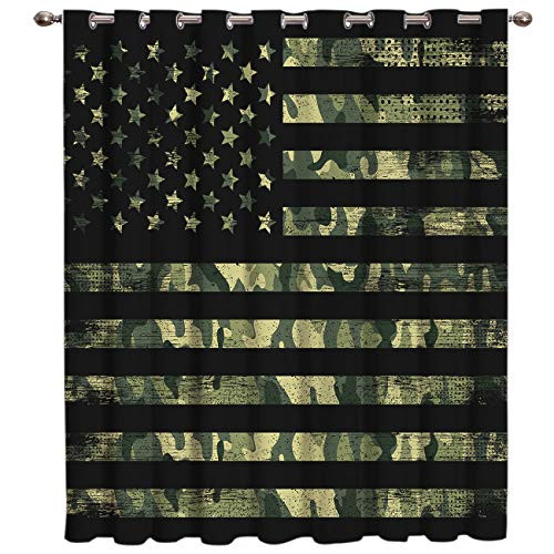 RUStic Green Camo Military Pattern American Flag Thermal Insulated Blackout Window Curtains Window Treatments 1 Panel Doors Curtains And Drapes for Home,Bedroom, Living Room, 52" Wide, 52X63 In
