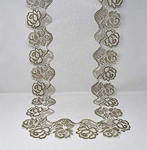 SAINTY H0987-(14x28) Beige Rose Lace Oval Table Runner, 14" x 28", Cream