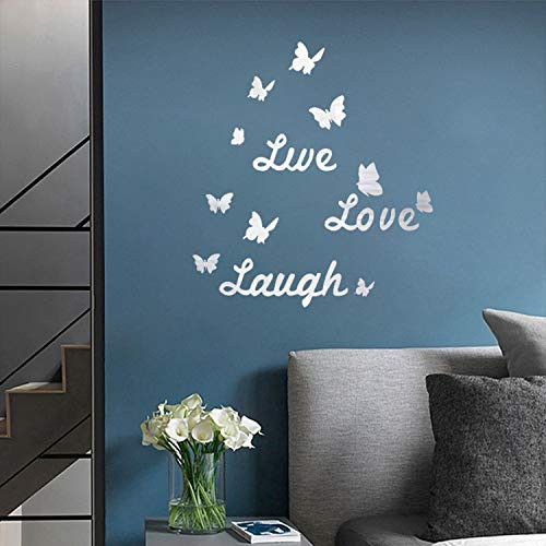 HOODDEAL DIY Mirror Wall Stickers - Live Love Laugh Butterfly Adhesive Wall Decals - Removable Acrylic Art Room Decor Home Living-Room Bedroom Nursery Decoration (Silver)