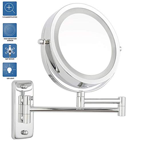TAOKEY Wall Mounted Makeup Mirror 5X Lighted Makeup Mirror, Magnifying Vanity Mirror, Double Sided Round Shape with Swivel Magnifying Mirror 1x 5X 360°.Polished Chrome Finish (5xW)