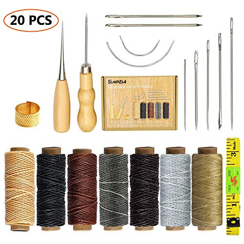 SIMPZIA 20 Pieces Leather Craft Tools with Hand Sewing Needles Drilling Awl Waxed Thread and Thimble for Leather Upholstery Carpet Canvas DIY Sewing