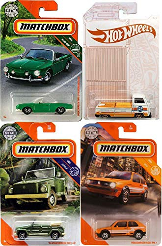 Hot Wheels Orange Rabbit Volkswagen Bundled with Pickup 52 Pearl White T2 Pickup & Karmann GHIA Matchbox Type Convertible + '74 Type 181 VW Thing + Golf MK1 4 Items
