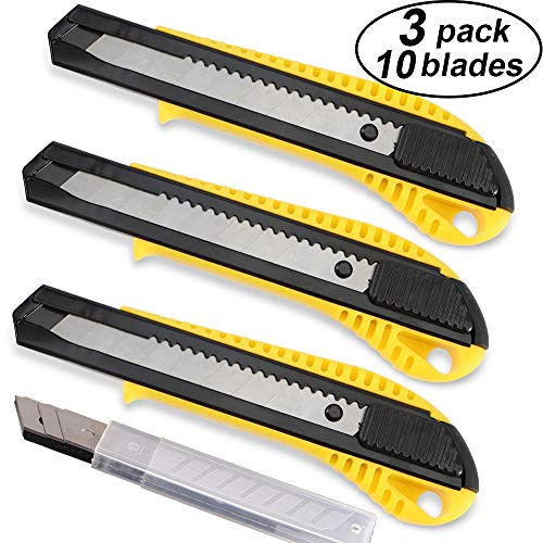 DOWELL Box Cutter Utility Knife Retractable Snap Off Blades Hobby Knife 3 Pack for Cutting Cardboard Boxes Leather