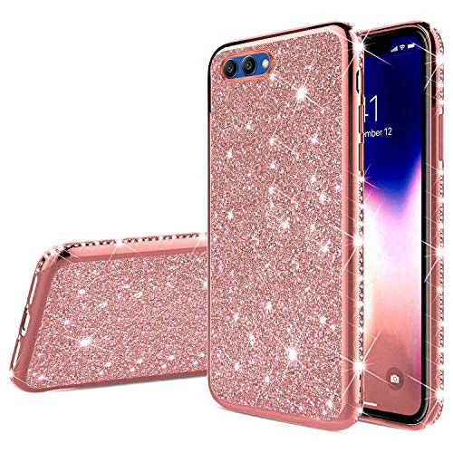 IKASEFU Compatible with Huawei Honor View 10/V10 Case Crystal Bling Shiny Shockproof Luxury Glitter Sparkly Flash Rhinestone Diamond Soft TPU silicone Bumper Protective Cover Case,Rose gold