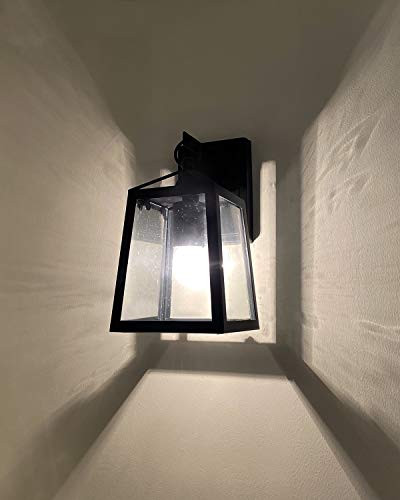 Jazava Outdoor Wall Light Fixtures Mounted Sconces, Exterior Wall Sconce House Lights Lamp One-Light, 11 inches Height Porch Lights, Industrial Sconces Matte Black Finish with Seeded Glass