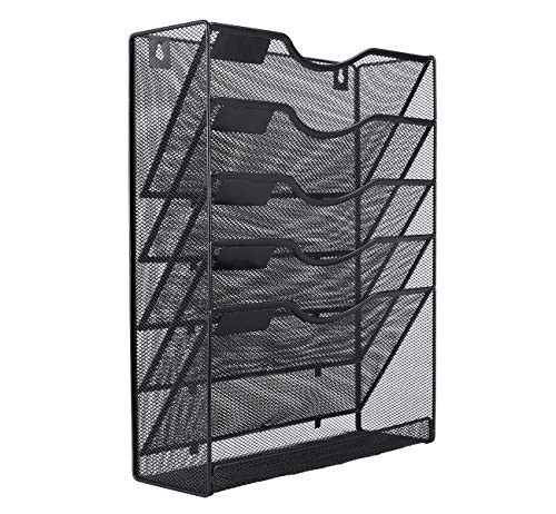 EasyPAG Mesh Wall File Holder 5 Tier Vertical Mount Hanging Organizer with Bottom Flat Tray,Black