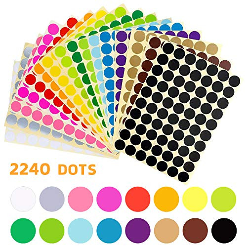 JANYUN 2240 Pcs 3/4" Round Coding Circle Sticky Dot Labels Stickers, 16 Colors