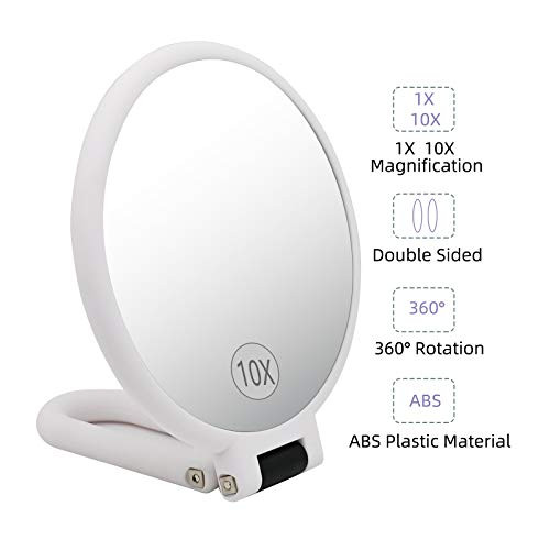Dolovemk Travel Makeup Mirror with Stand,Suspended Makeup Mirror,Hand Mirrors with Handle Double Side,Travel Folding Hand Held Mirror 10x Magnification(White)