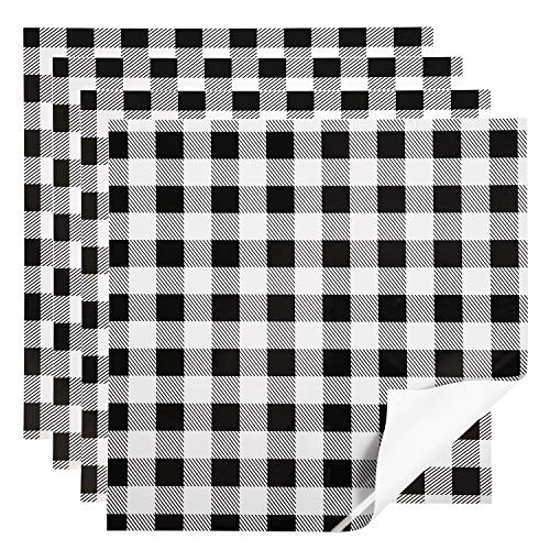 Cooraby 4 Sheets White and Black Buffalo Plaid Vinyl Sheet Adhesive Craft Printed Vinyl HTV Plaid Sheets Iron-on Heat Transfer Vinyl, 12 x 12 Inches