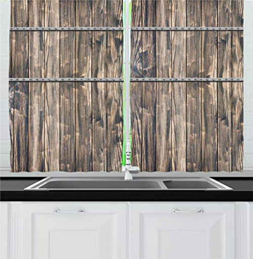 Ambesonne Rustic Kitchen Curtains, Image of Wooden Planks with Screws and Nails Farmhouse Theme Log Cabin Print, Window Drapes 2 Panel Set for Kitchen Cafe Decor, 55" X 39", Brown Grey
