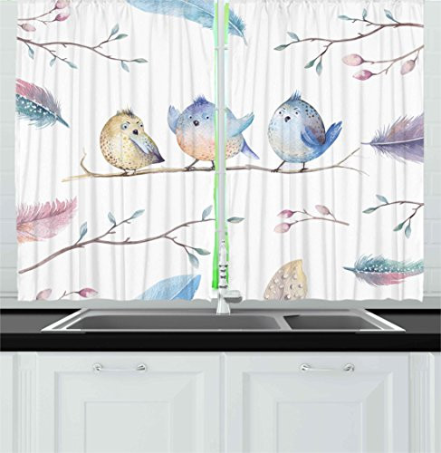 Ambesonne Animal Kitchen Curtains, Hand Drawn Birds Sitting on Branch Cartoon in Boho Style Watercolors Leaves Feathers, Window Drapes 2 Panel Set for Kitchen Cafe Decor, 55" X 39", White Blue