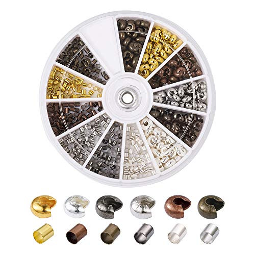 Pandahall 1Box/540pcs Crimping Makings with 2mm Brass Tube Line Crimp Beads Clamp Tips & 4mm Brass Open Half Round Crimp Beads Covers Antique Bronze & Red Copper & Black & Silver & Golden & Platinum