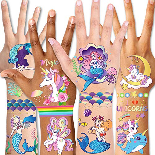 Temporary Tattoos for Kids(98pcs),Konsait Glitter Mermaid Unicorn Tattoos for Children Girls Birthday Party Favors Supplies Great Kids Party Accessories Goodie Bag Stuffers Halloween Costume