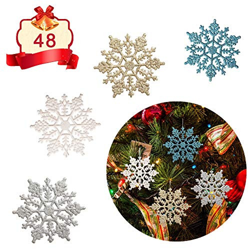 Adeeing Christmas Glitter Snowflake Ornaments, 48 Pieces Sparkling Snowflake Christmas Tree Decorations, 4 Inch, White/Gold/Silver/Blue